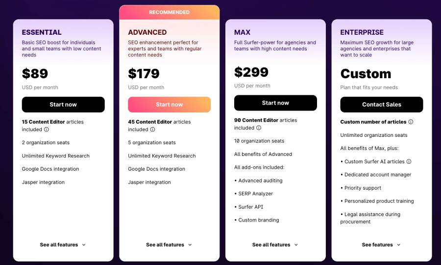 Surfer SEO Pricing Plans